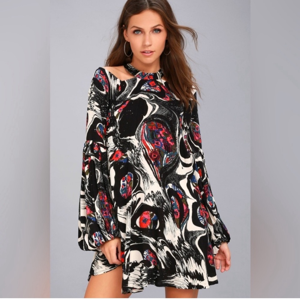 Free People Drift Away Cold Shoulder Tunic Dress XS Boho Balloon Sleeve Mini